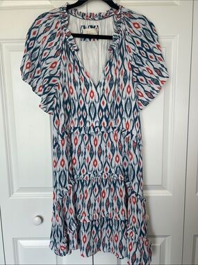 Anthropologie White Midi Dress with Blue & Red Ikat Print